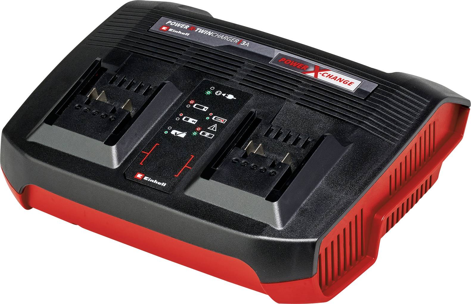 Deux chargeurs de batterie Einhell avec deux logements de charge chacun sur boîtier noir et rouge. Idéal pour les systèmes de batterie Power X-Change.