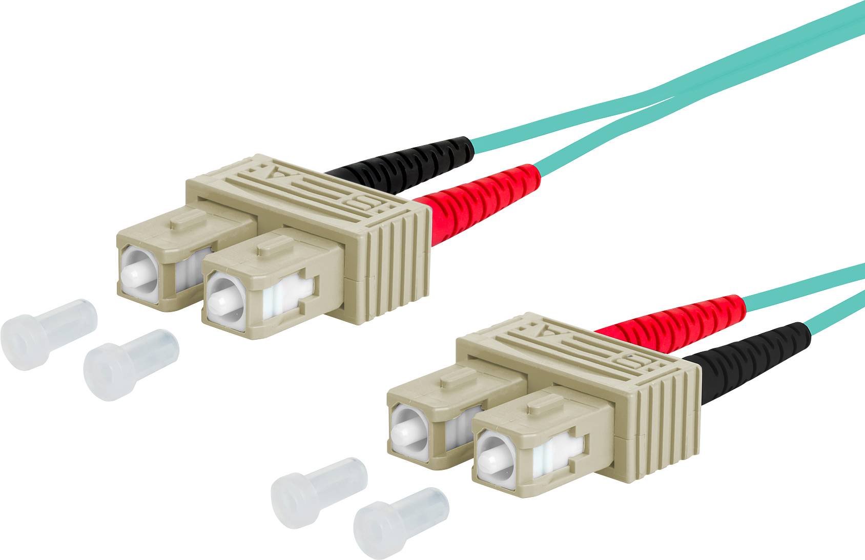Deux connecteurs à fibre optique beiges avec des câbles turquoise et des marquages rouge/noir, chacun équipé d'embouts blancs.