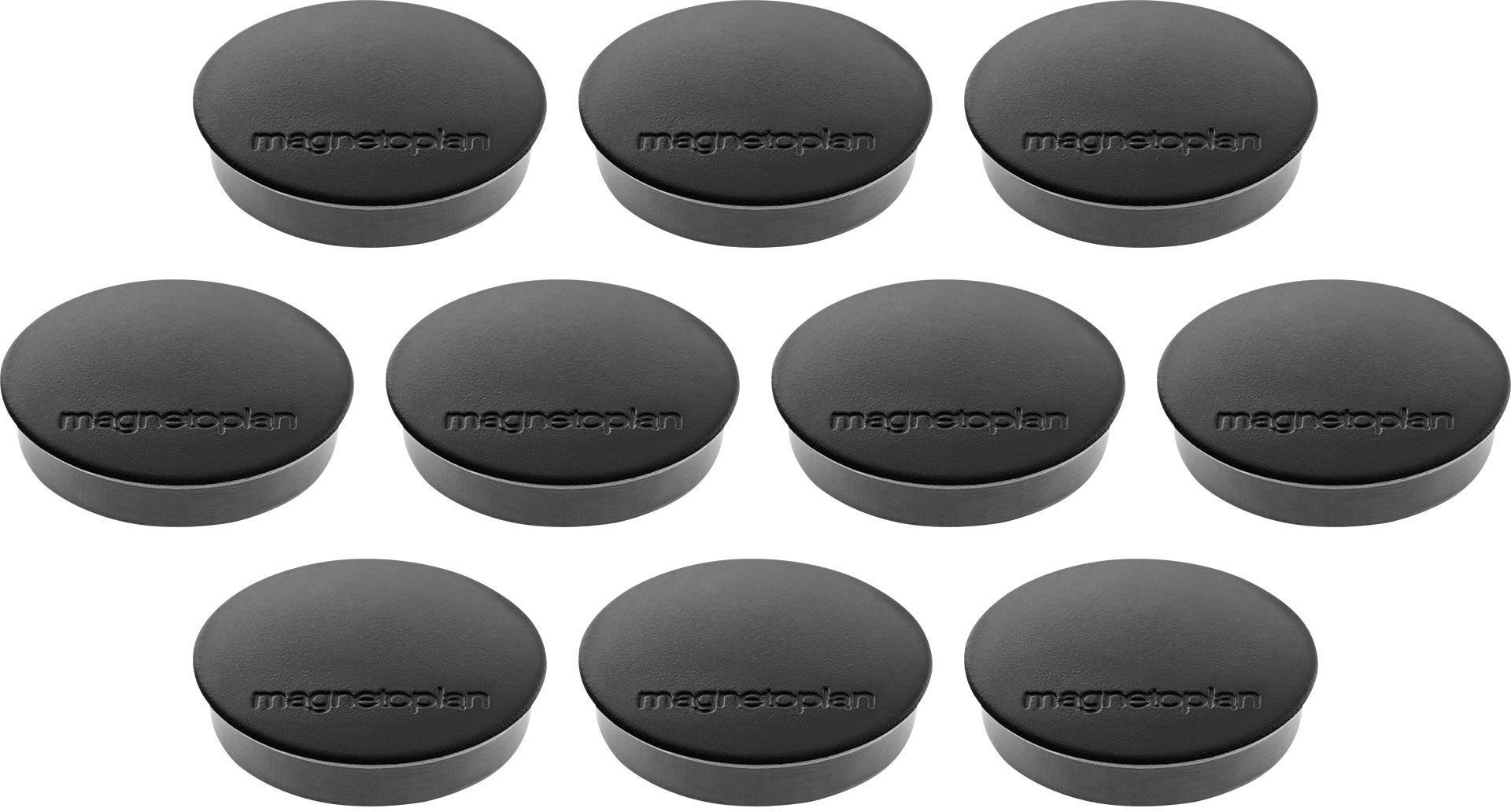 Dix aimants ronds noirs portant l'inscription 'magnoplan', disposés uniformément en deux rangées.