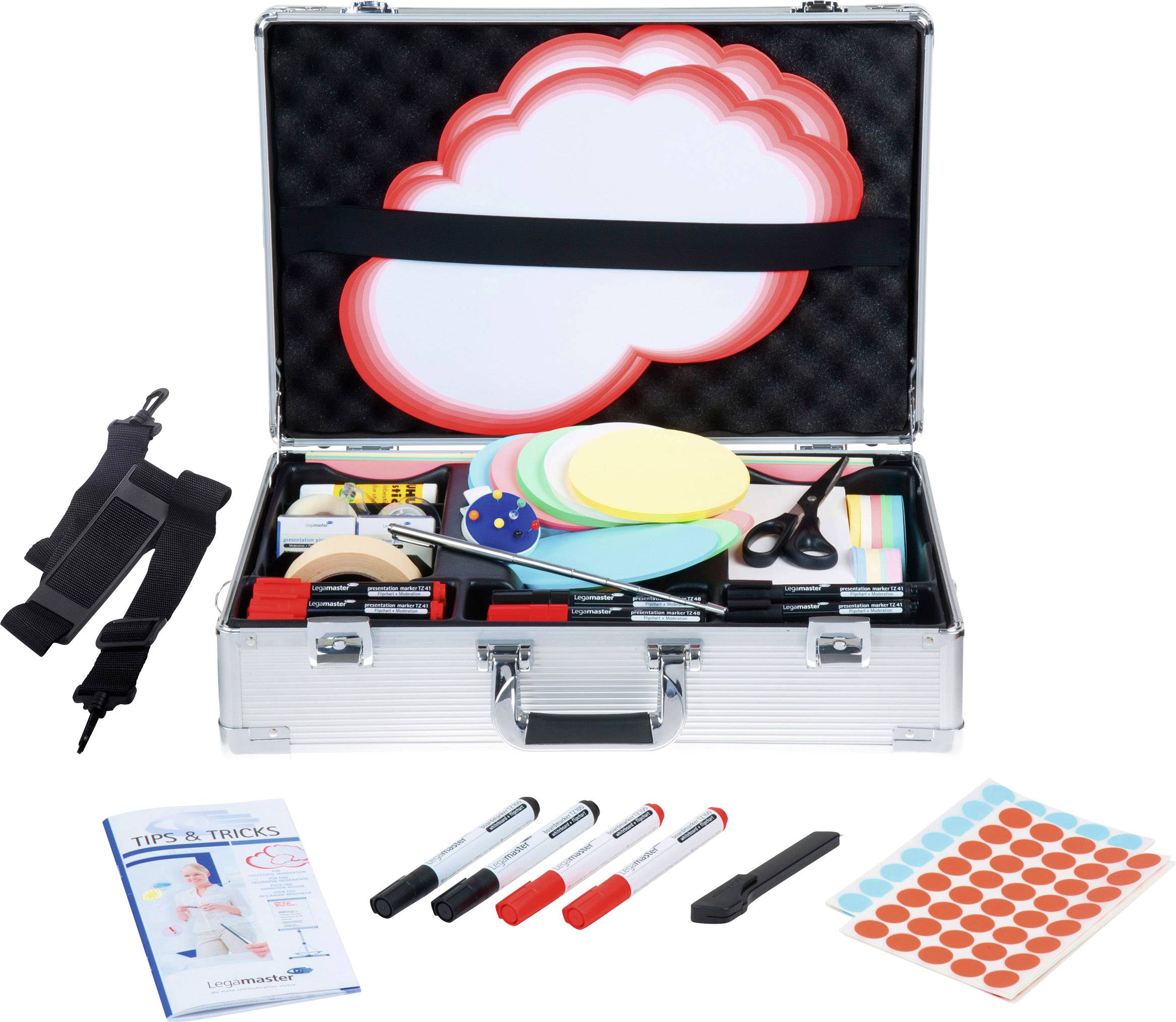 Mallette à outils pour animations avec des cartes colorées en forme de nuage, des marqueurs, des ciseaux, des notes et un mode d'emploi. Idéal pour les réunions.
