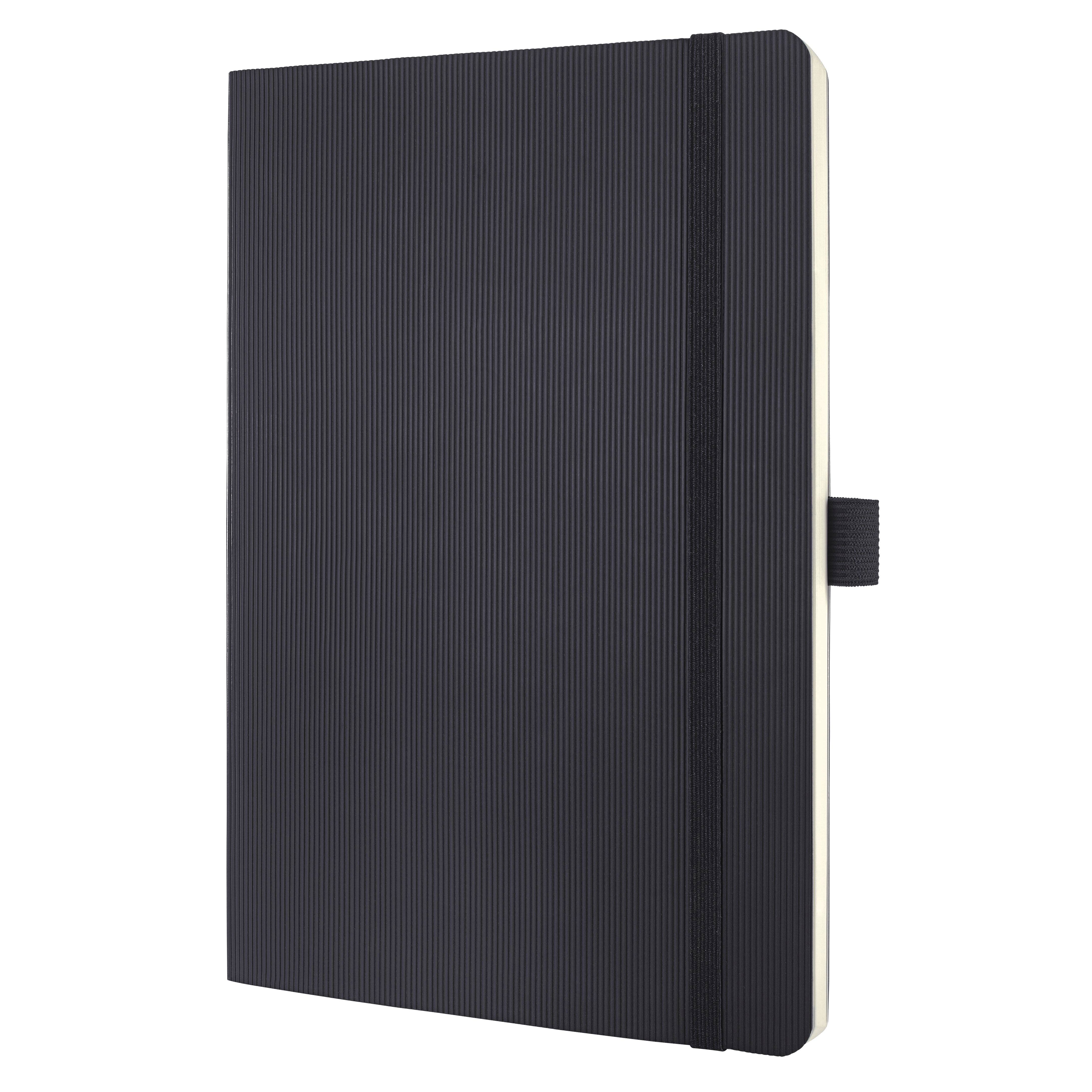 Carnet à reliure noire avec bande élastique de fermeture, présenté fermé sur fond blanc.