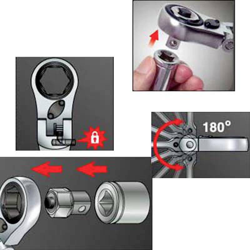 Une clé à cliquet avec un verrou montre la fonction de fixation sécurisée de la douille. Des flèches indiquent l'utilisation correcte.