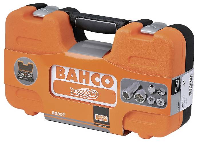 Coffret de douilles Bahco S530T dans un boîtier en plastique orange avec poignée noire. L'image montre les douilles et le design de l'emballage.