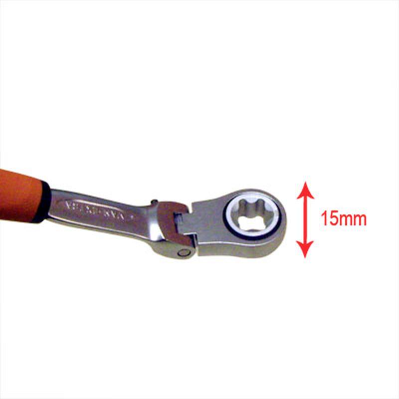 Clé à cliquet avec poignée orange ; 15 mm, marquée en rouge.