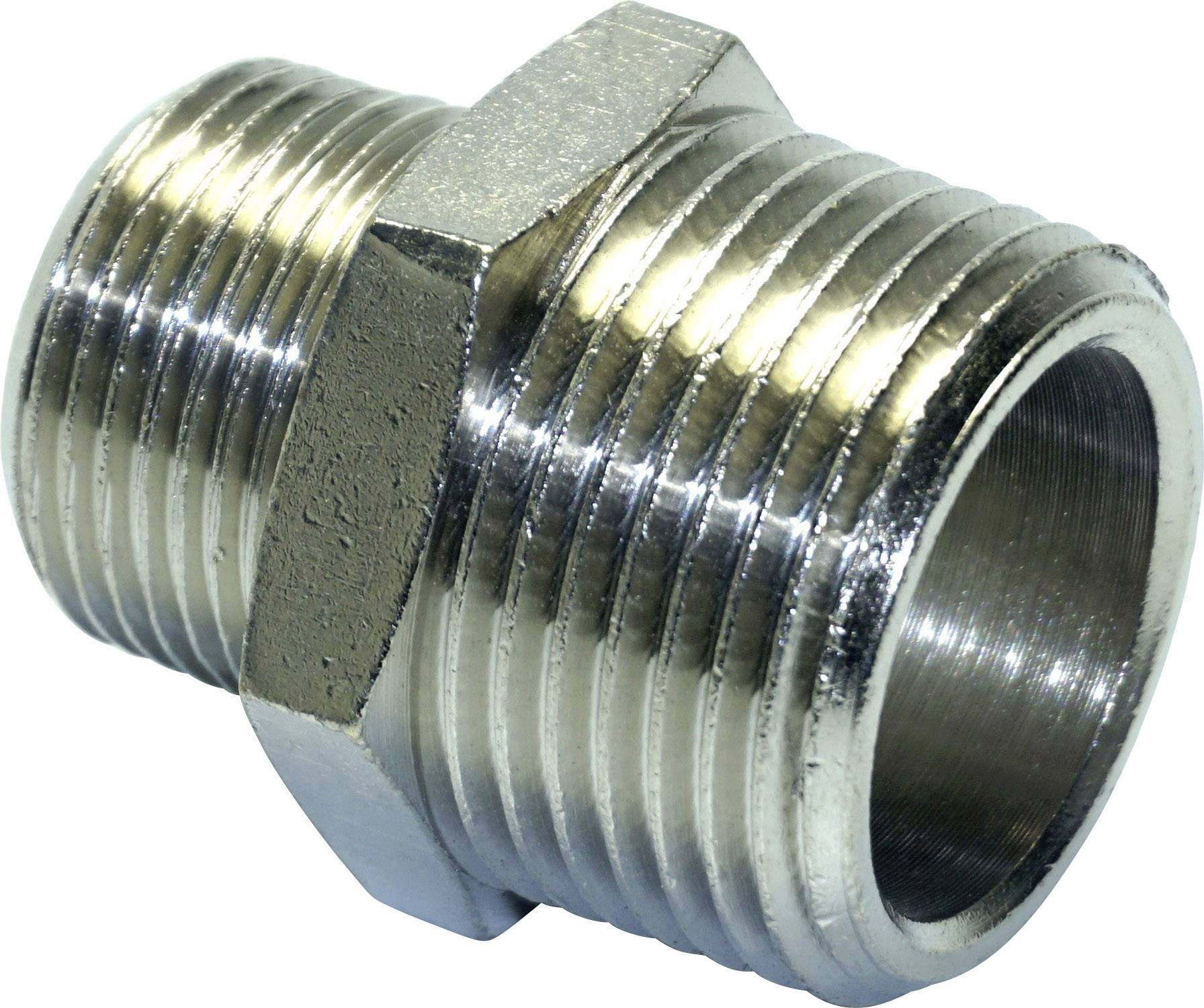 Raccord de tuyau métallique cylindrique, avec un écrou hexagonal au centre. Utilisé pour connecter des tubes ou des tuyaux.