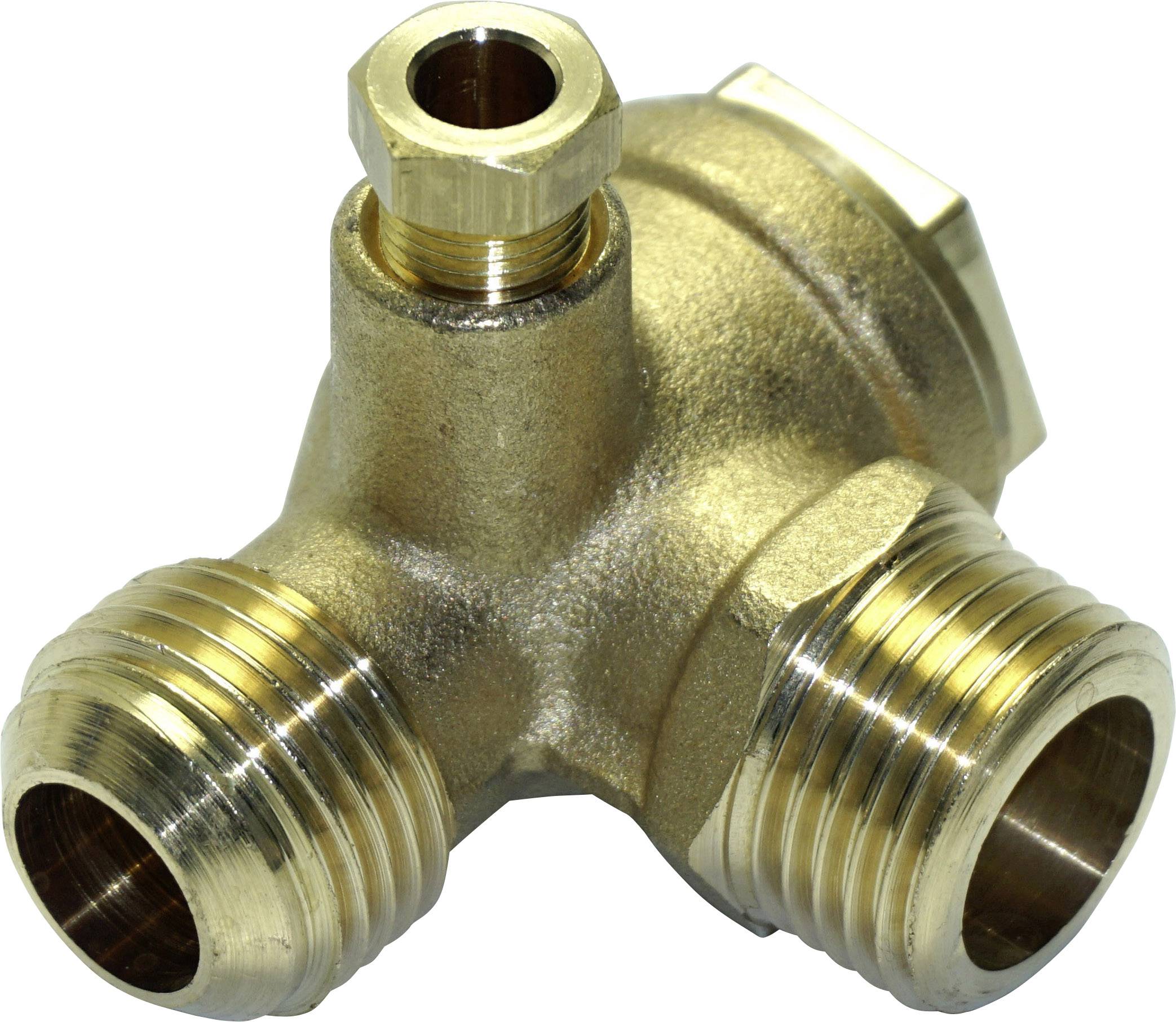 Un répartiteur d'eau en laiton avec deux sorties filetées et une vanne latérale. Utilisé pour connecter des tuyaux de canalisation d'eau.