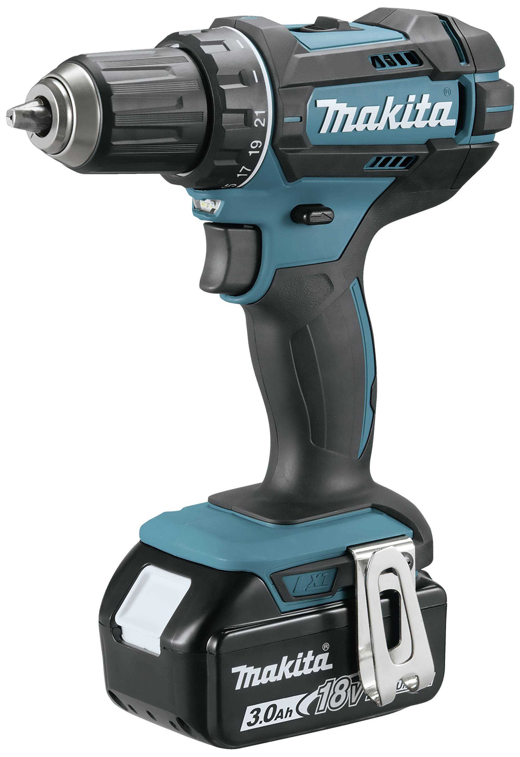 Visseuse-perceuse sans fil en noir et bleu, avec batterie 18V et 3,0 Ah. Idéale pour les projets de bricolage et offrant une mobilité sans fil.