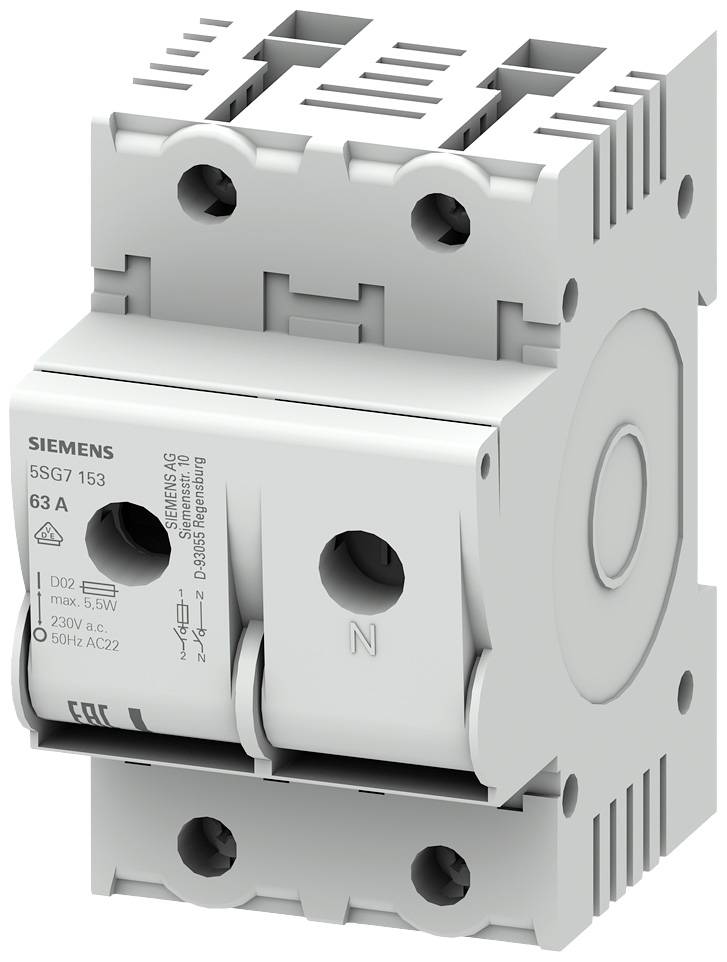 Un disjoncteur gris et blanc de Siemens portant l'indication '63 A' avec des spécifications techniques sur sa face avant.