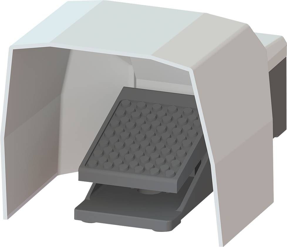 Une pédale grise à structure texturée, entourée d'un couvercle protecteur blanc, probablement destinée à des applications industrielles ou techniques.
