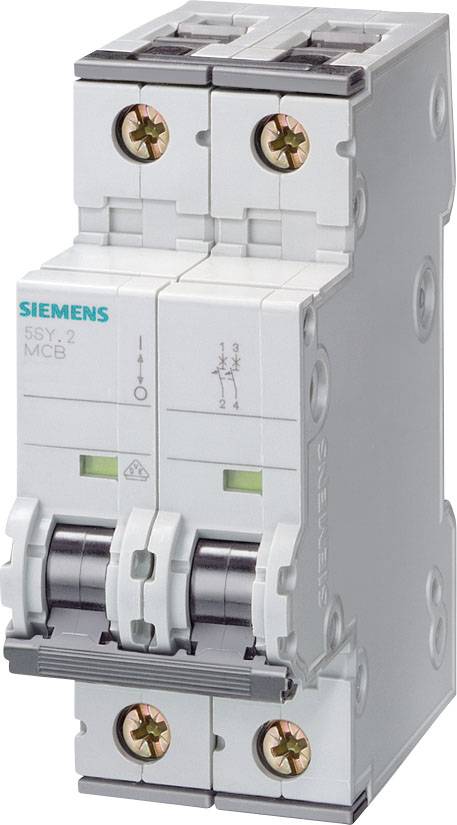 Un disjoncteur blanc Siemens à deux interrupteurs avec des marquages verts, adapté pour les circuits électriques.