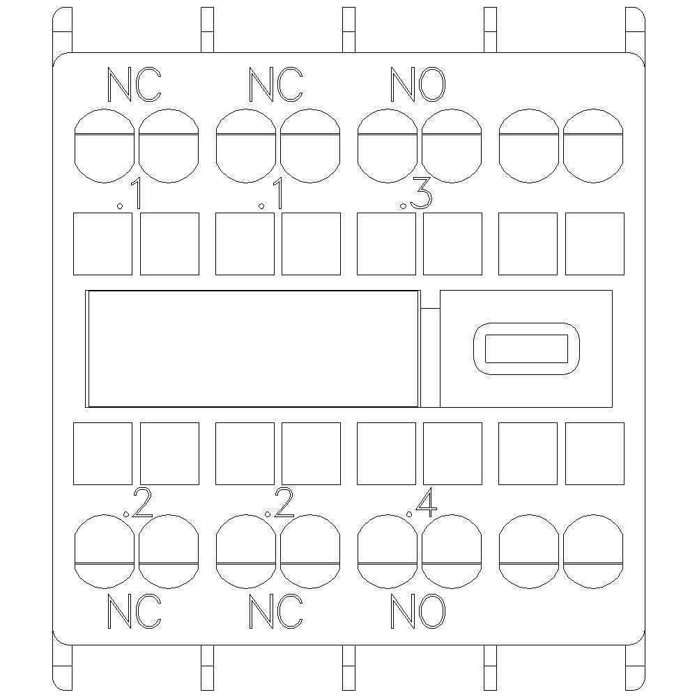 Dessin technique d'un relais avec bornes. Marqué NC en haut, NO en bas. Contacts à 12 broches apparents, composants pertinents mis en évidence.