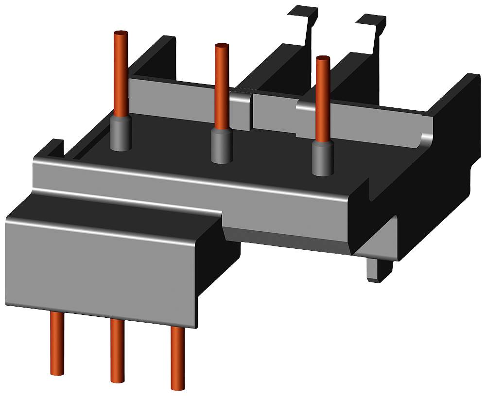 Un composant rectangulaire gris avec des broches rouges disposées verticalement et horizontalement. Adapté pour le montage ou les connexions électroniques.