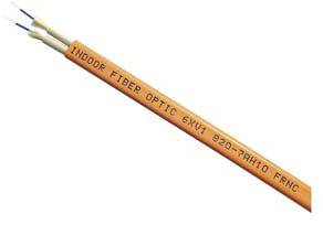 Un câble à fibre optique orange portant l'inscription « INDOOR FIBER OPTIC 6XVI 820-7AH10 FRNC ».