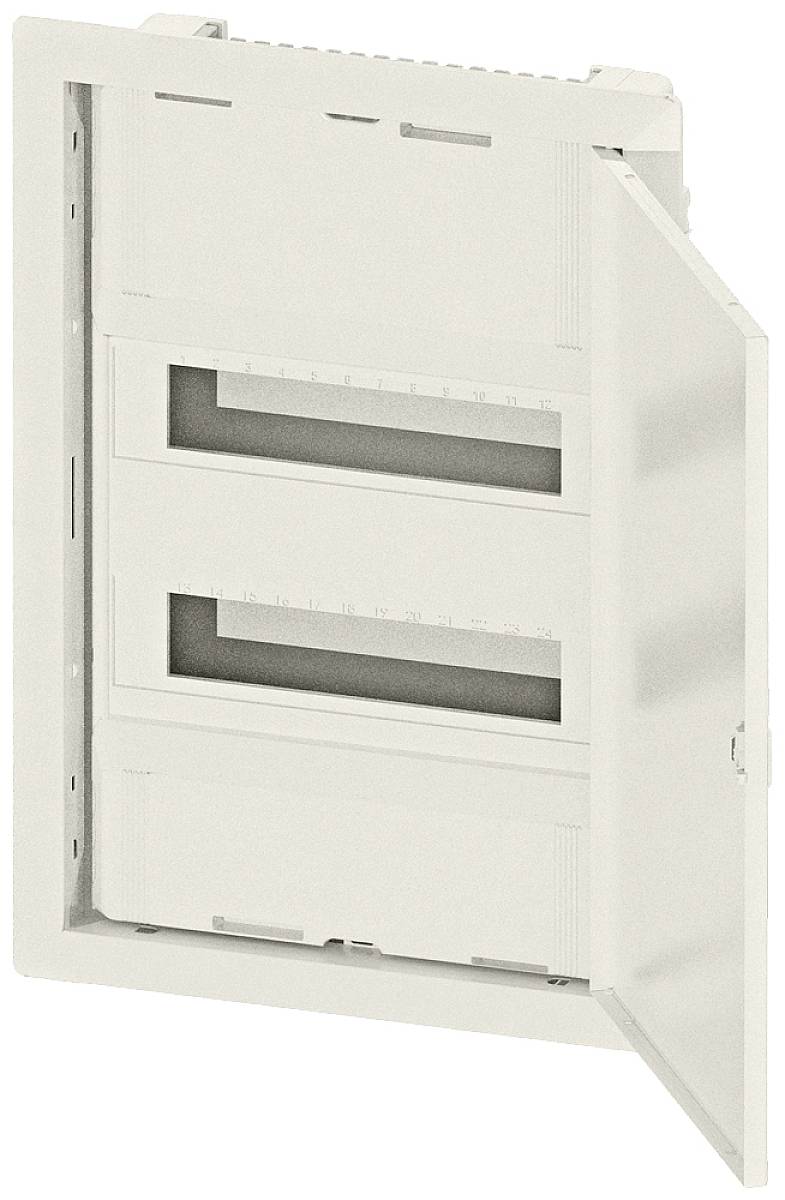 Un coffret électrique métallique ouvert, vide, avec deux compartiments, adapté à l'installation de composants électriques.