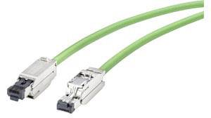 Deux câbles Ethernet verts avec fiches métalliques, typiquement utilisés pour les connexions réseau.