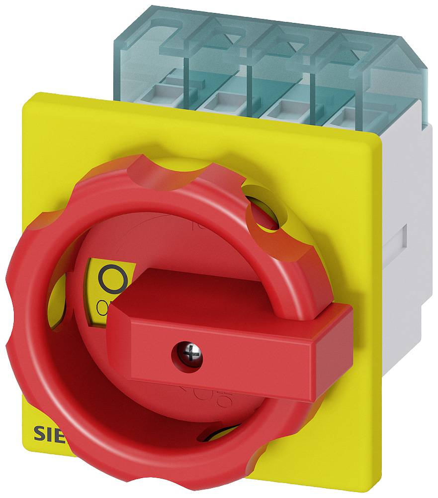 Un interrupteur jaune doté d'une grande poignée de rotation rouge, intégrée dans une base blanche avec un couvercle transparent bleu. Il est utilisé pour mettre en marche et éteindre des appareils électriques.