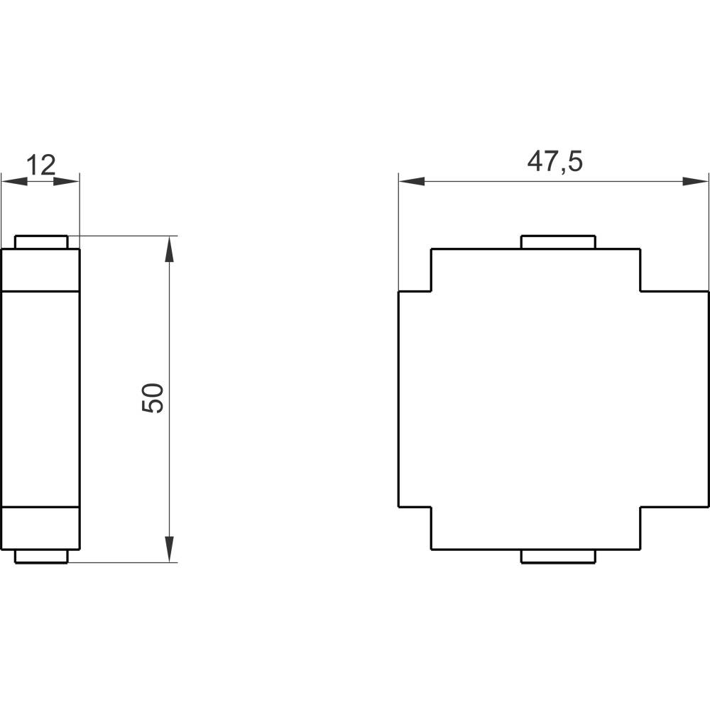 Dessin technique d'un composant rectangulaire avec les dimensions suivantes : hauteur 50, largeur 47,5, profondeur 12. Présente une vue de face et une vue latérale.