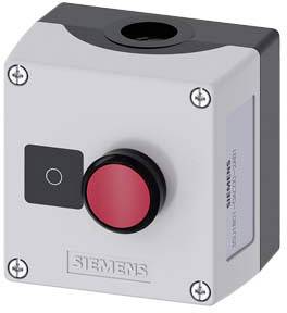 Un boîtier en plastique gris avec un grand bouton d'urgence rouge et un petit bouton noir sur la façade.