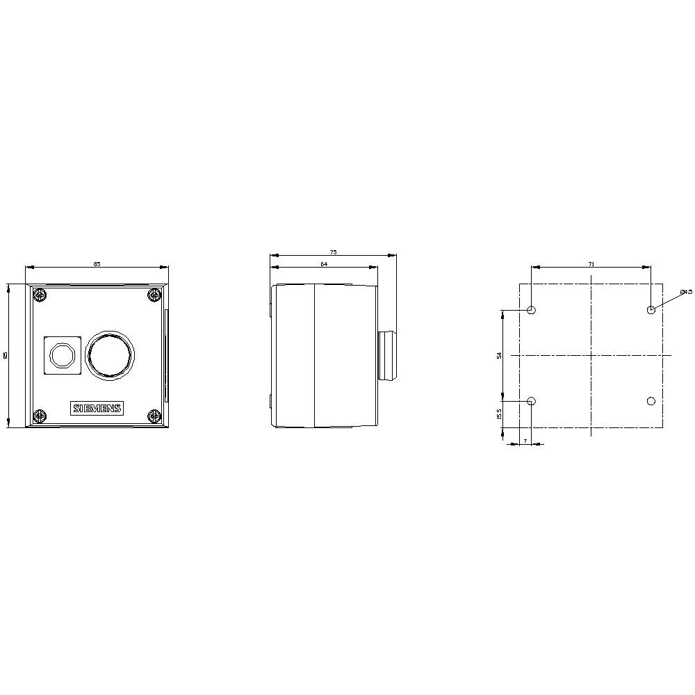 Dessin technique d'un boîtier électrique rectangulaire avec des dimensions en millimètres sous différentes vues.