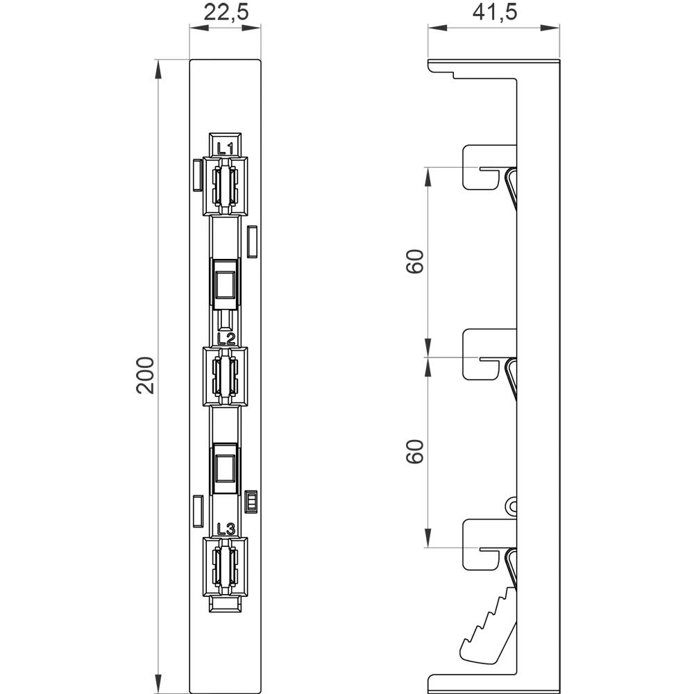 Dessin technique d'une unité d'installation électrique rectangulaire avec dimensions : hauteur 200 mm, largeur 22,5 mm, profondeur 41,5 mm.