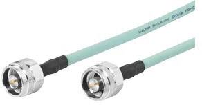 Deux câbles coaxiaux verts avec des connecteurs métalliques argentés aux extrémités ; adaptés pour la transmission de données ou la connexion d'antenne.