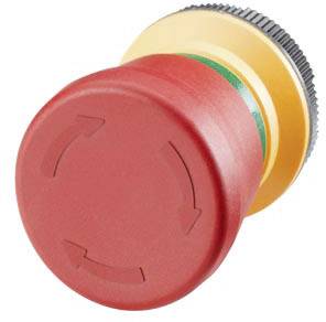 Bouton d'arrêt d'urgence rouge avec des flèches indiquant la direction. Utilisé dans les dispositifs de sécurité pour prévenir les dangers.