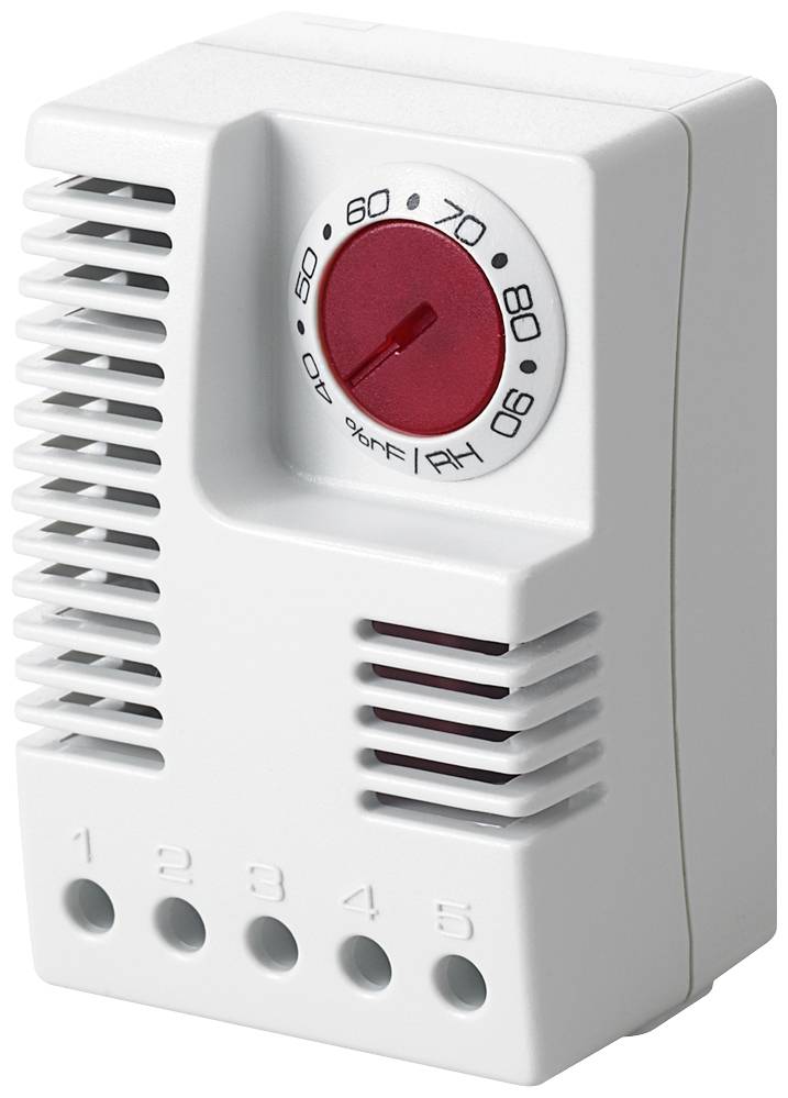 Thermostat blanc avec bouton de réglage rouge indiquant la température en pourcentage. Cinq fentes de ventilation en bas, numérotées de 1 à 5.