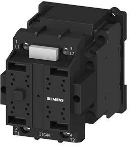 Un contacteur électrique noir de Siemens, modèle 3TC44, avec bornes L1, L2, T1 et T2, utilisé pour le contrôle des circuits électriques.