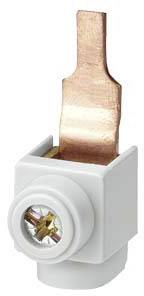 Un isolateur blanc avec une connexion cuivre intégrée. La connexion est plate et orientée vers le haut, adaptée aux connexions électriques.
