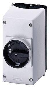 Interrupteur industriel avec bouton rotatif noir sur boîtier blanc, adapté aux applications industrielles pour le contrôle des appareils électriques.