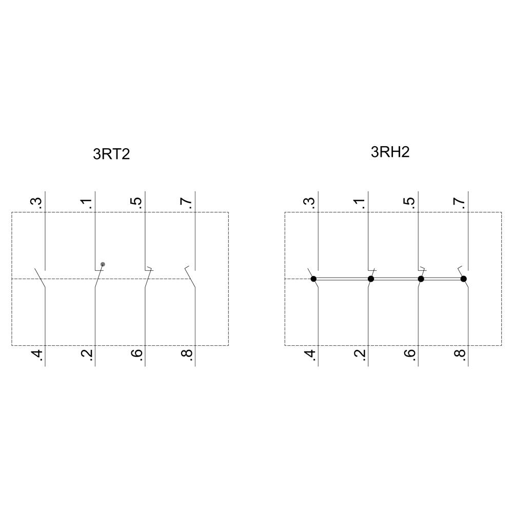 Schéma de câblage avec deux relais, 3RT2 et 3RH2, chacun avec des bornes numérotées de .1 à .8. Coordination et points de connexion illustrés.