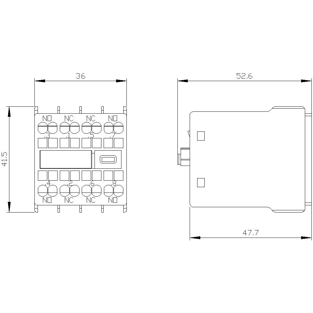 Deux dessins techniques d'un relais électronique avec des dimensions de 36x41,5 mm et 52,6x47,7 mm, portant plusieurs contacts marqués.
