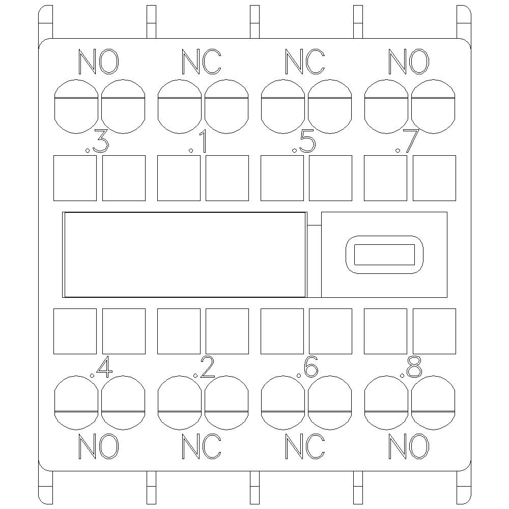 Dessin technique d'un interrupteur de contact électrique avec huit bornes numérotées, marquées 'NC' et 'NO'.