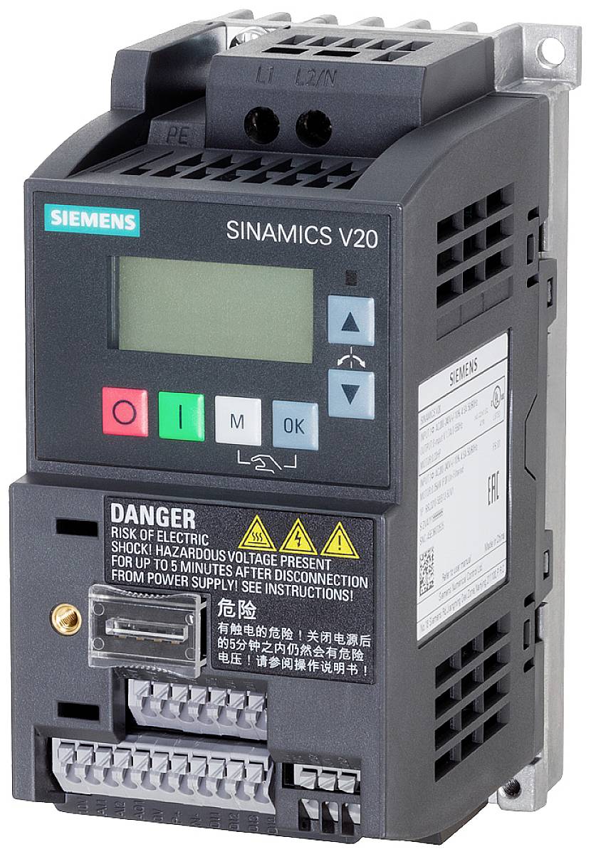 Un variateur de fréquence Siemens SINAMICS V20 avec affichage et touches de commande, avertissements et connexions pour le câblage électrique.