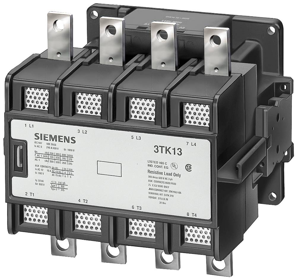 Contacteur Siemens, modèle 3TK13, adapté pour charges résistives. Boîtier noir avec bornes de connexion visibles.
