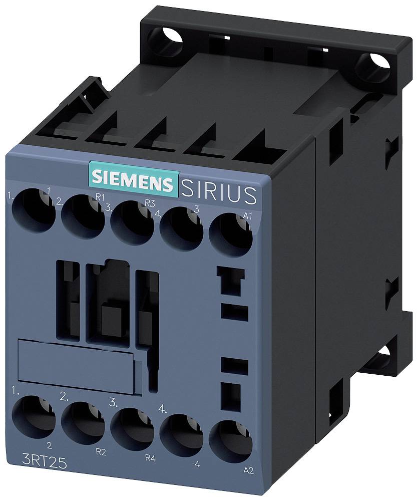 Contacteur industriel Siemens, série 'SIRIUS', modèle 3RT125, avec plusieurs bornes de connexion et boîtier noir robuste.