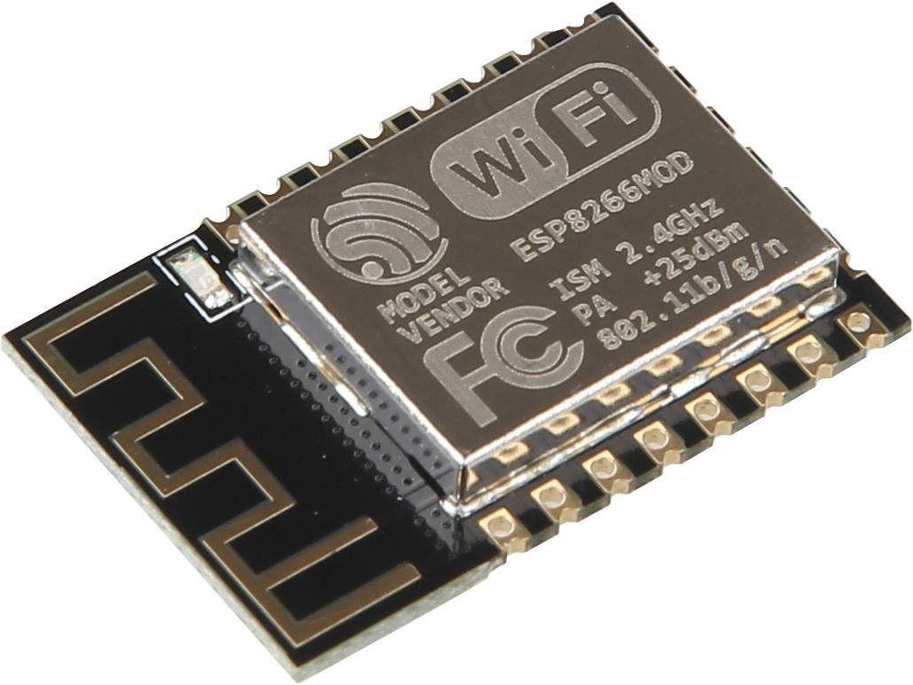Un module Wi-Fi ESP8266, rectangulaire, avec une antenne à bobine et l'inscription 'Wi-Fi', est destiné à la connexion réseau sans fil.