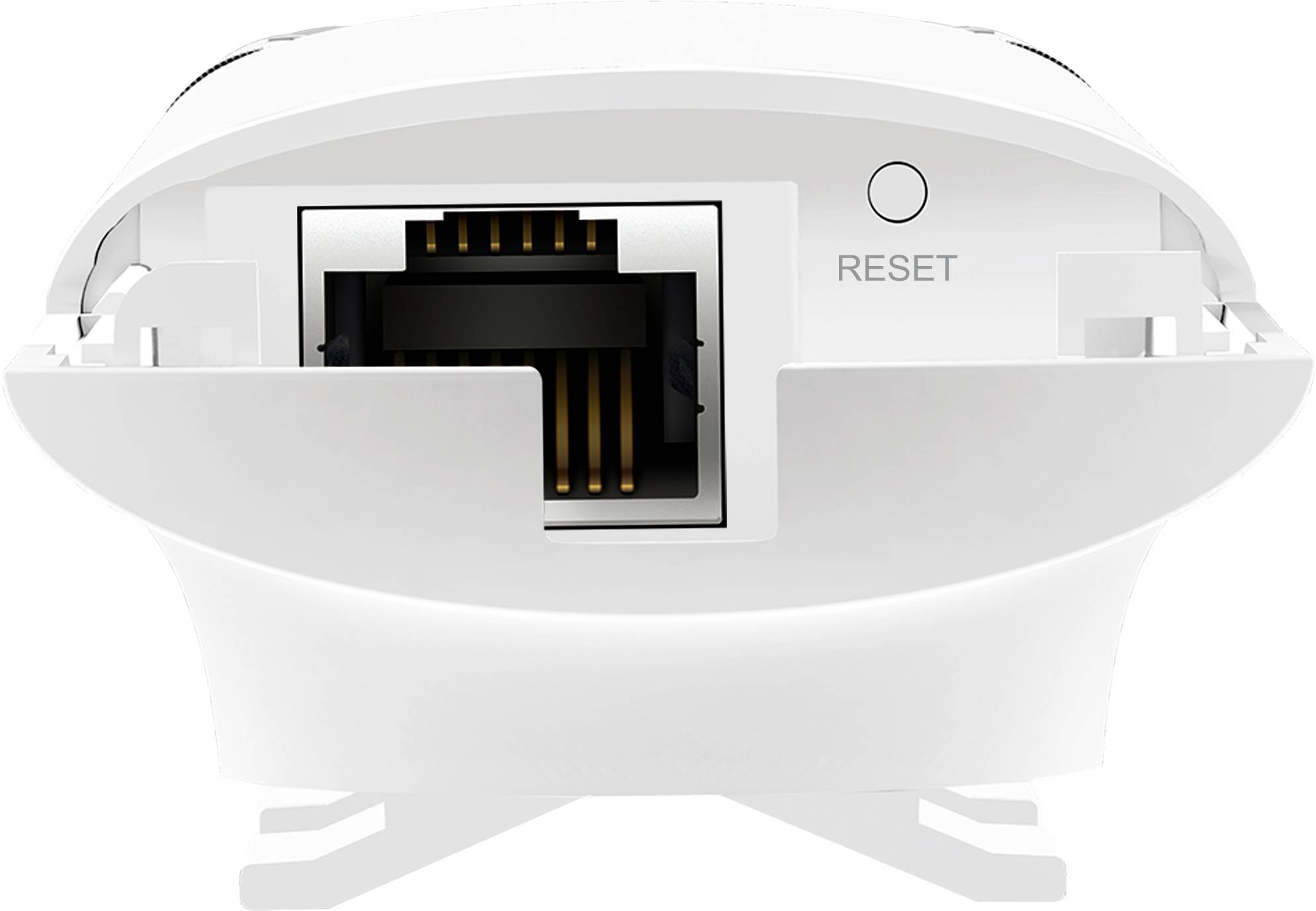 'Gros plan d'un appareil blanc doté d'un port Ethernet et d'un bouton de réinitialisation.'
