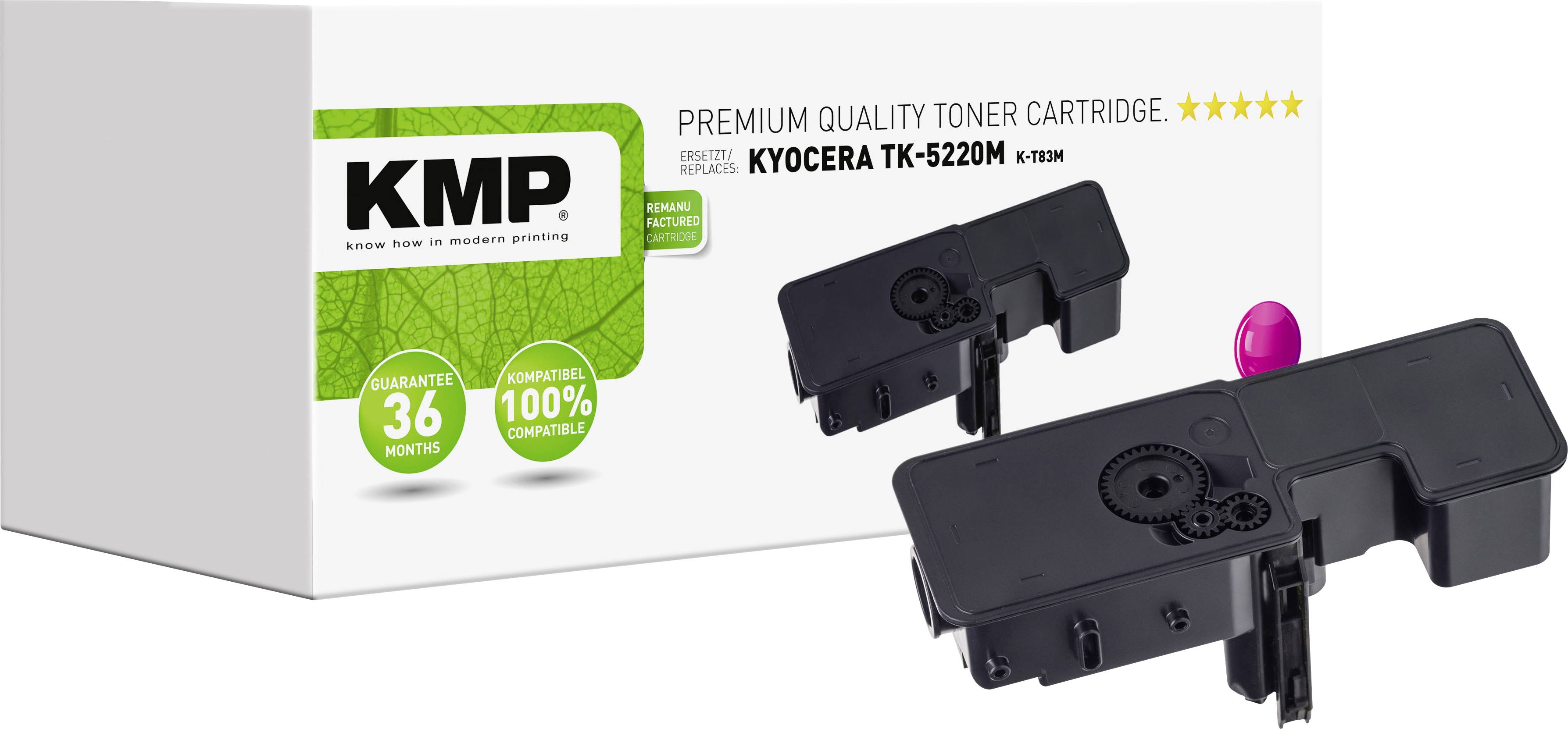 Boîte avec cartouche de toner premium KMP pour Kyocera TK-5220M, présentant le produit et son emballage. Garanties mises en avant : 36 mois et 100% de satisfaction.