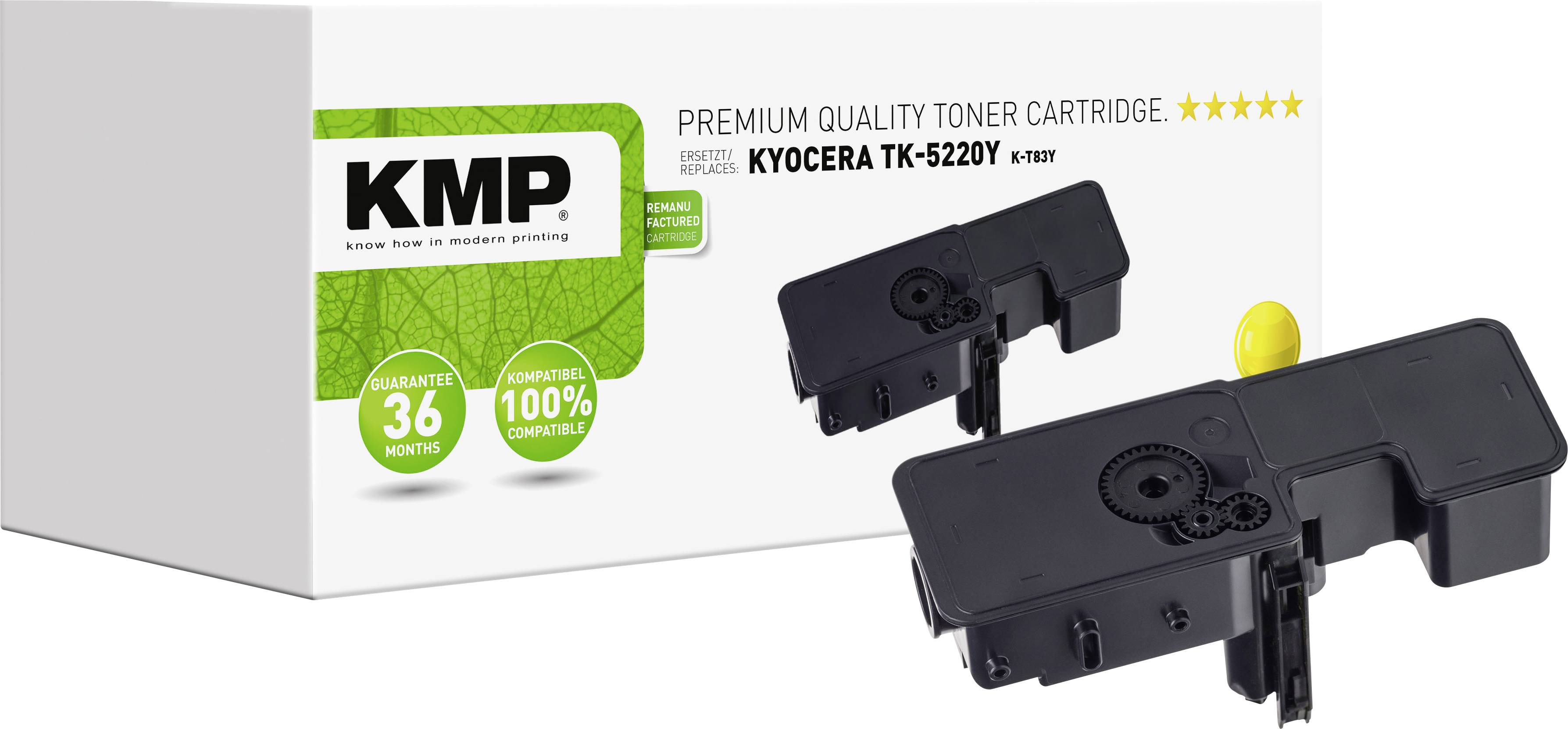 Cartouche de toner KMP pour Kyocera TK-5220Y. L'emballage indique 'Qualité Premium' et une garantie de 36 mois. Cartouche noire au premier plan.
