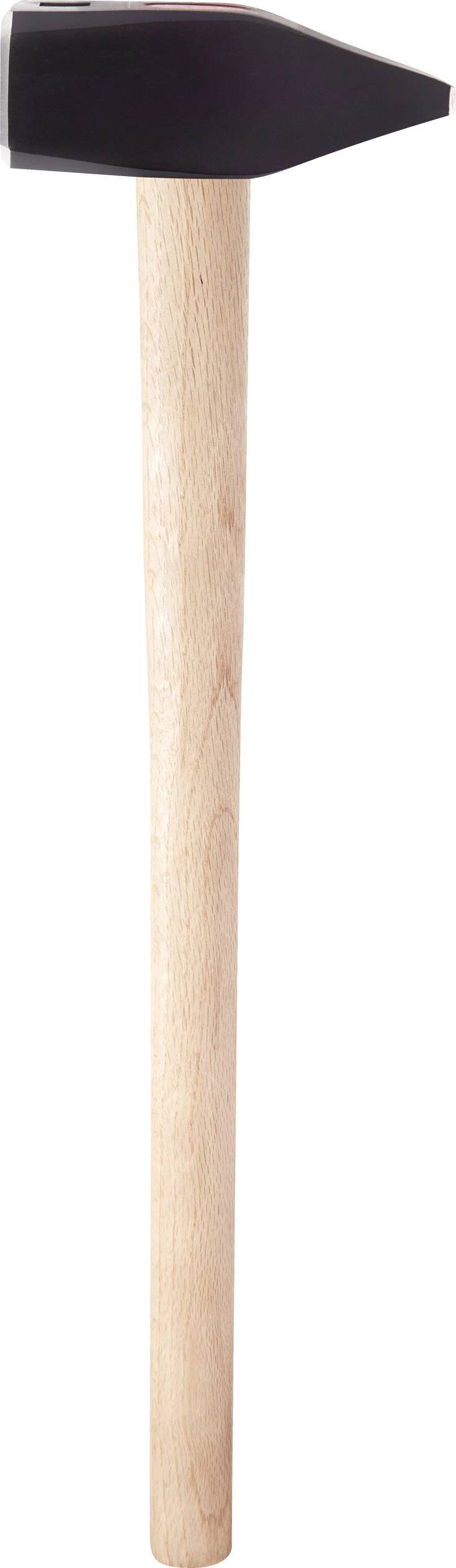 Maillet en bois avec un long manche et une tête noire, debout verticalement.