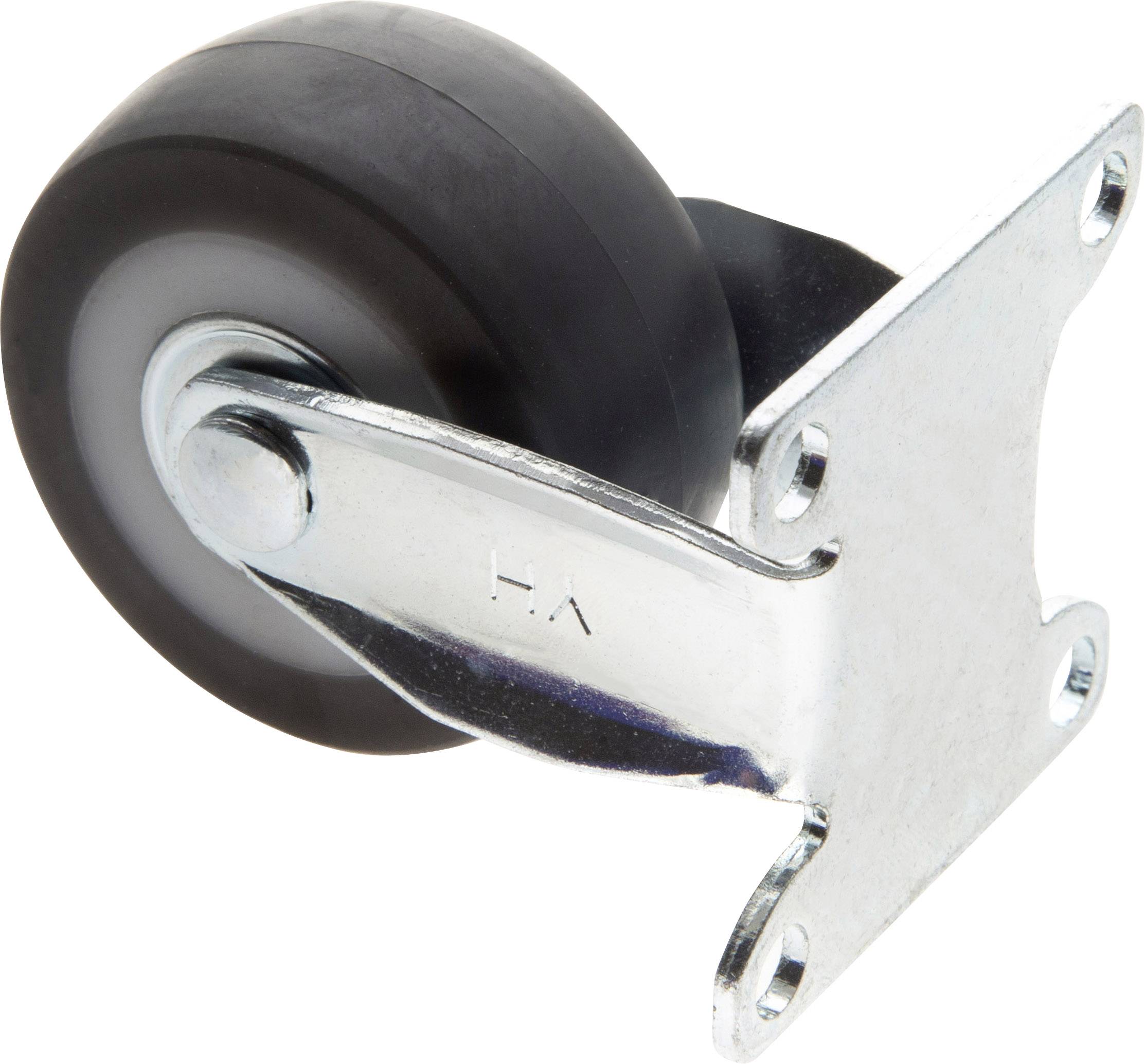 Roulette pivotante avec roue en caoutchouc noir et support métallique. Adaptée aux meubles ou aux chariots de transport.