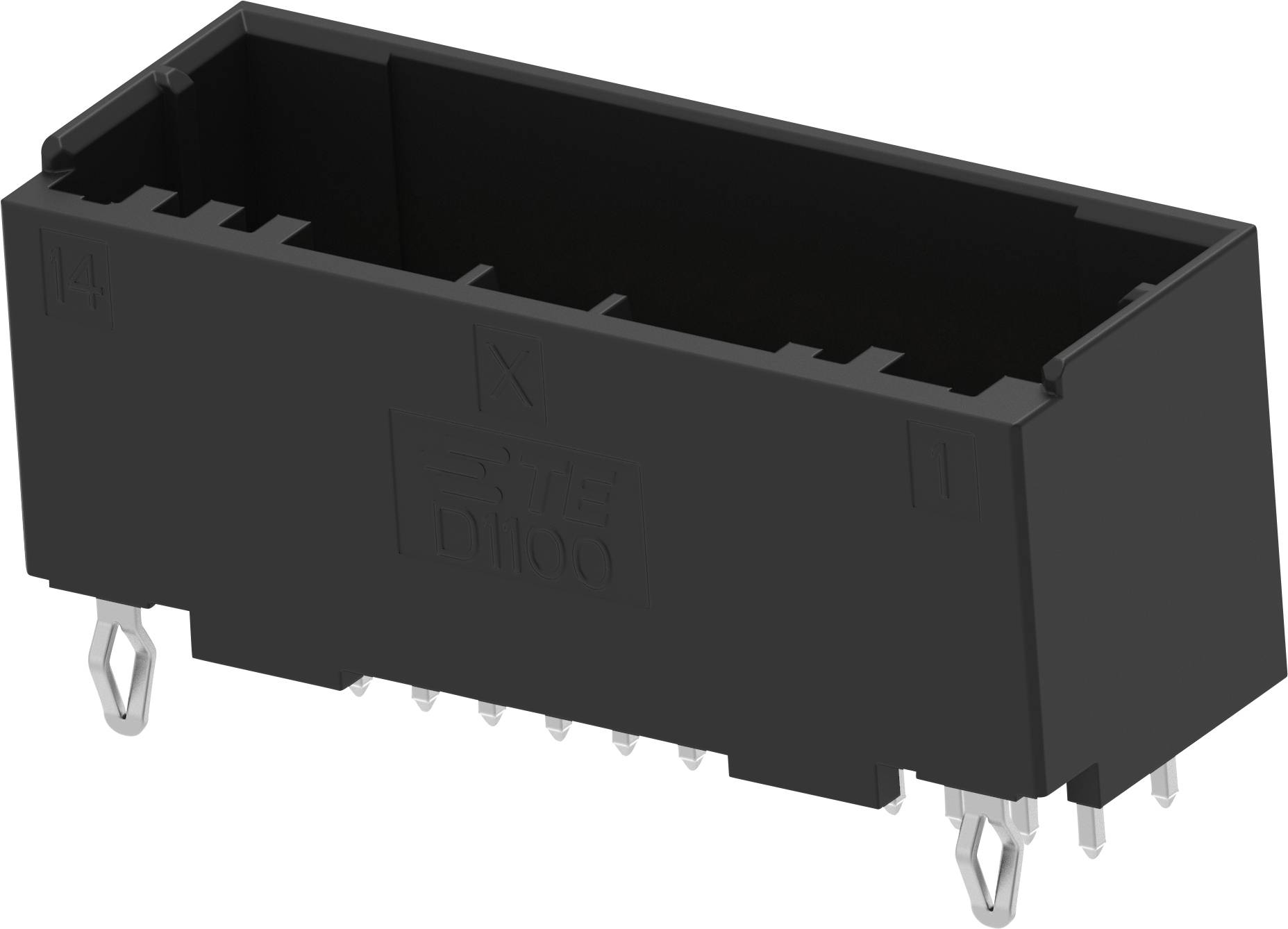 Connecteur électronique noir avec plusieurs broches métalliques, adapté pour recevoir un connecteur complémentaire sur un circuit imprimé.