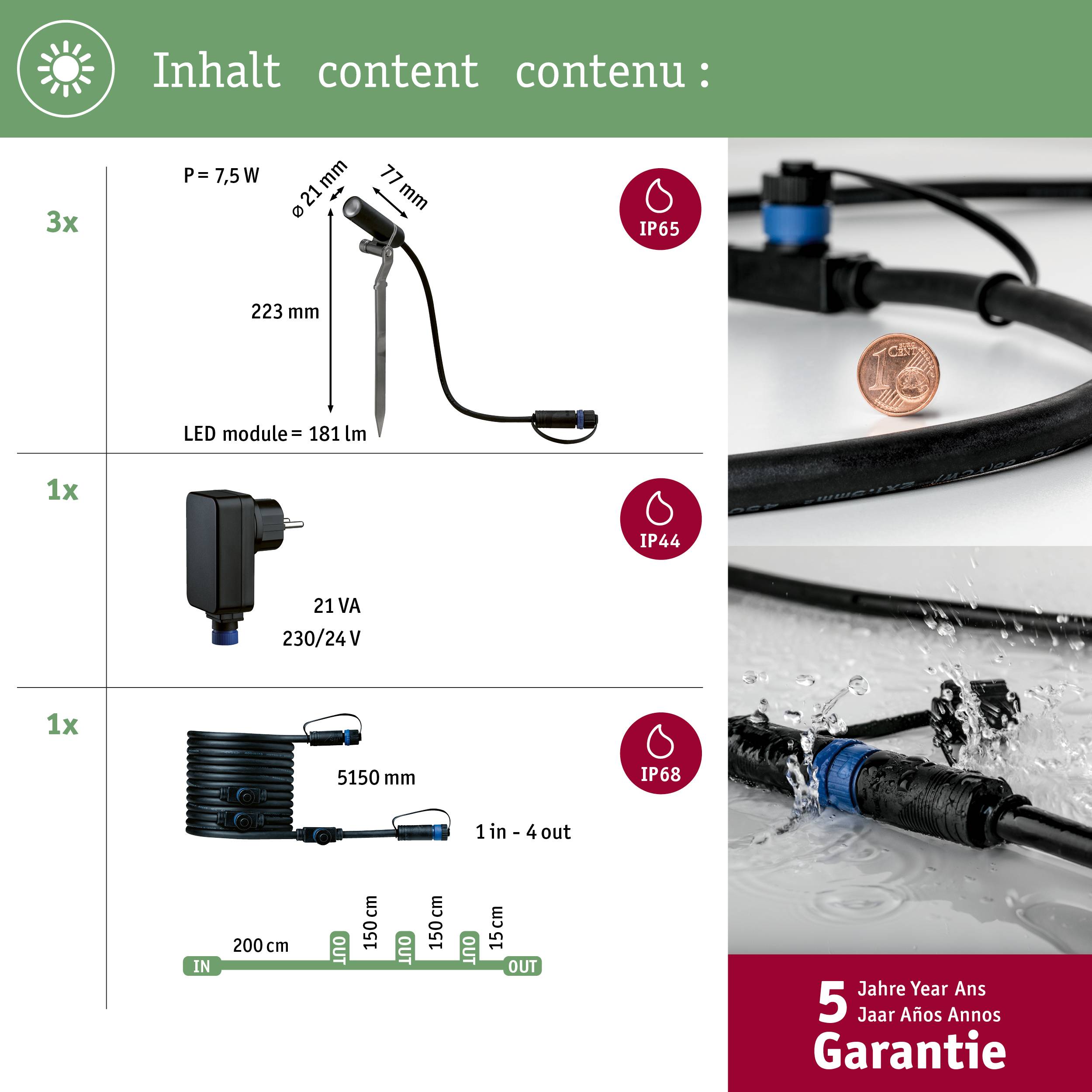 Affichage de produit avec module LED, câble et adaptateur. Informations sur les classes de protection (IP65, IP44, IP68) et garantie de 5 ans.