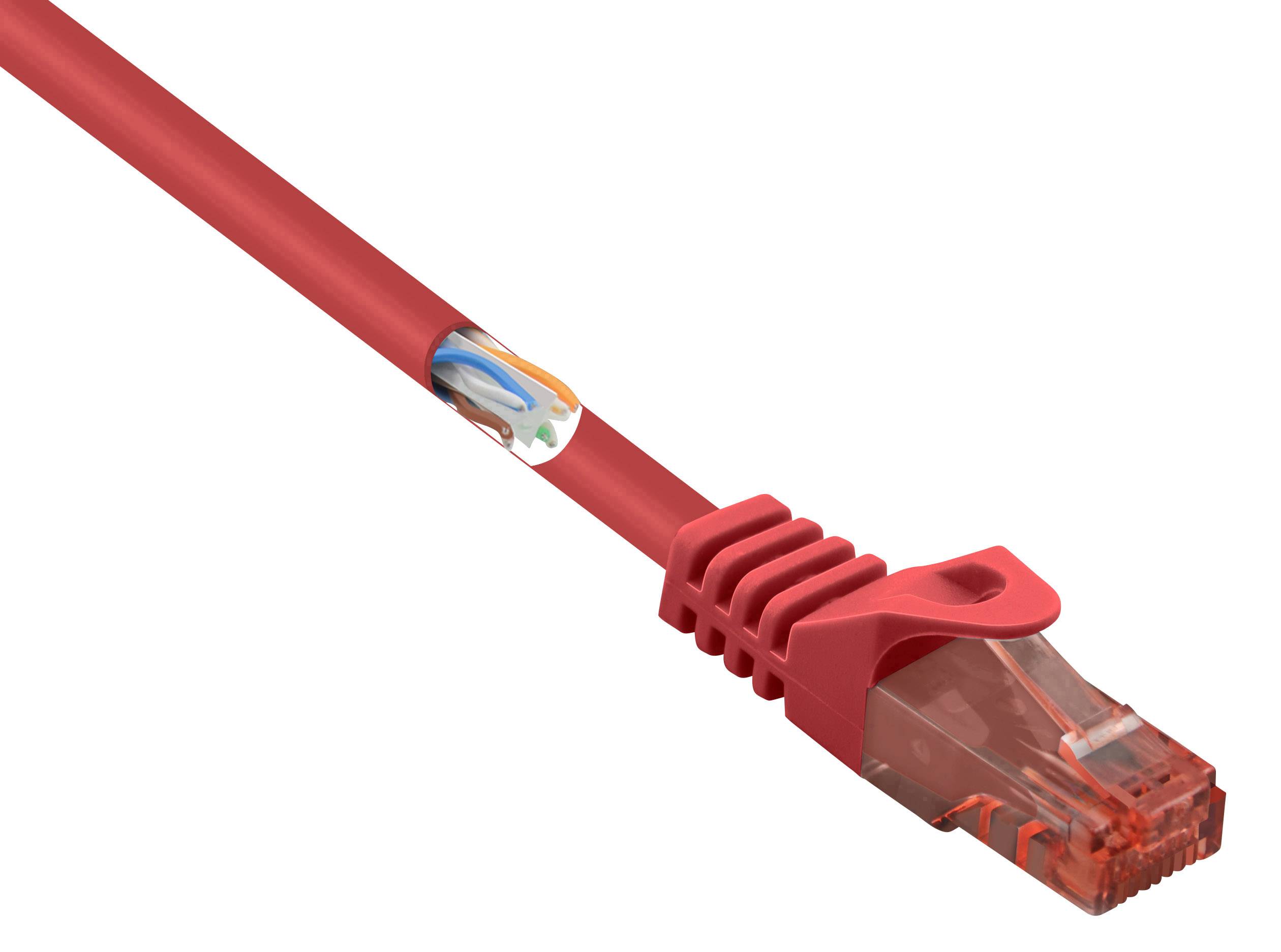 Basetech BT-2272288 RJ45 Câble réseau, câble patch CAT 6 U/UTP 0.15 m rouge avec cliquet d'encastrement, sans halogène