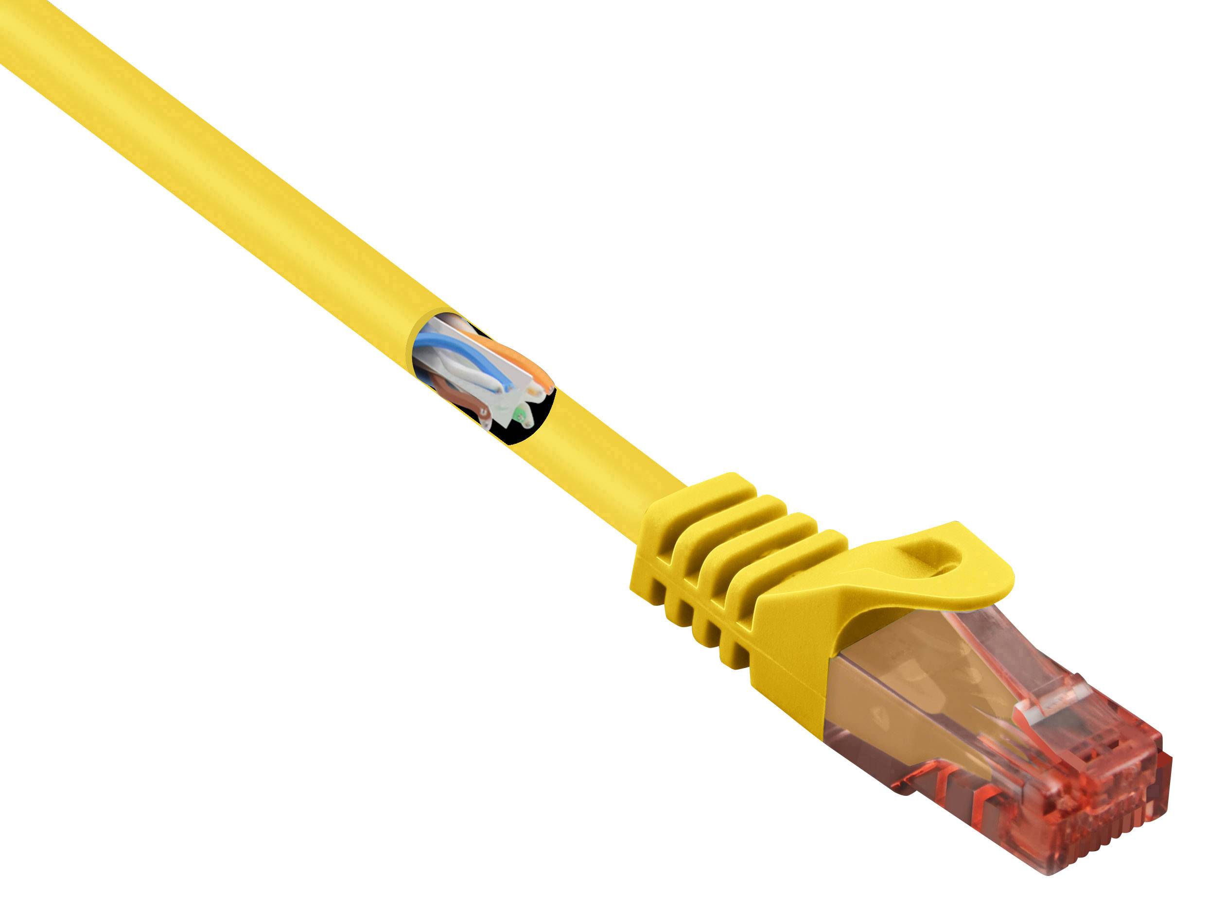Un câble Ethernet jaune avec un connecteur rouge. Idéal pour connecter des ordinateurs aux réseaux.