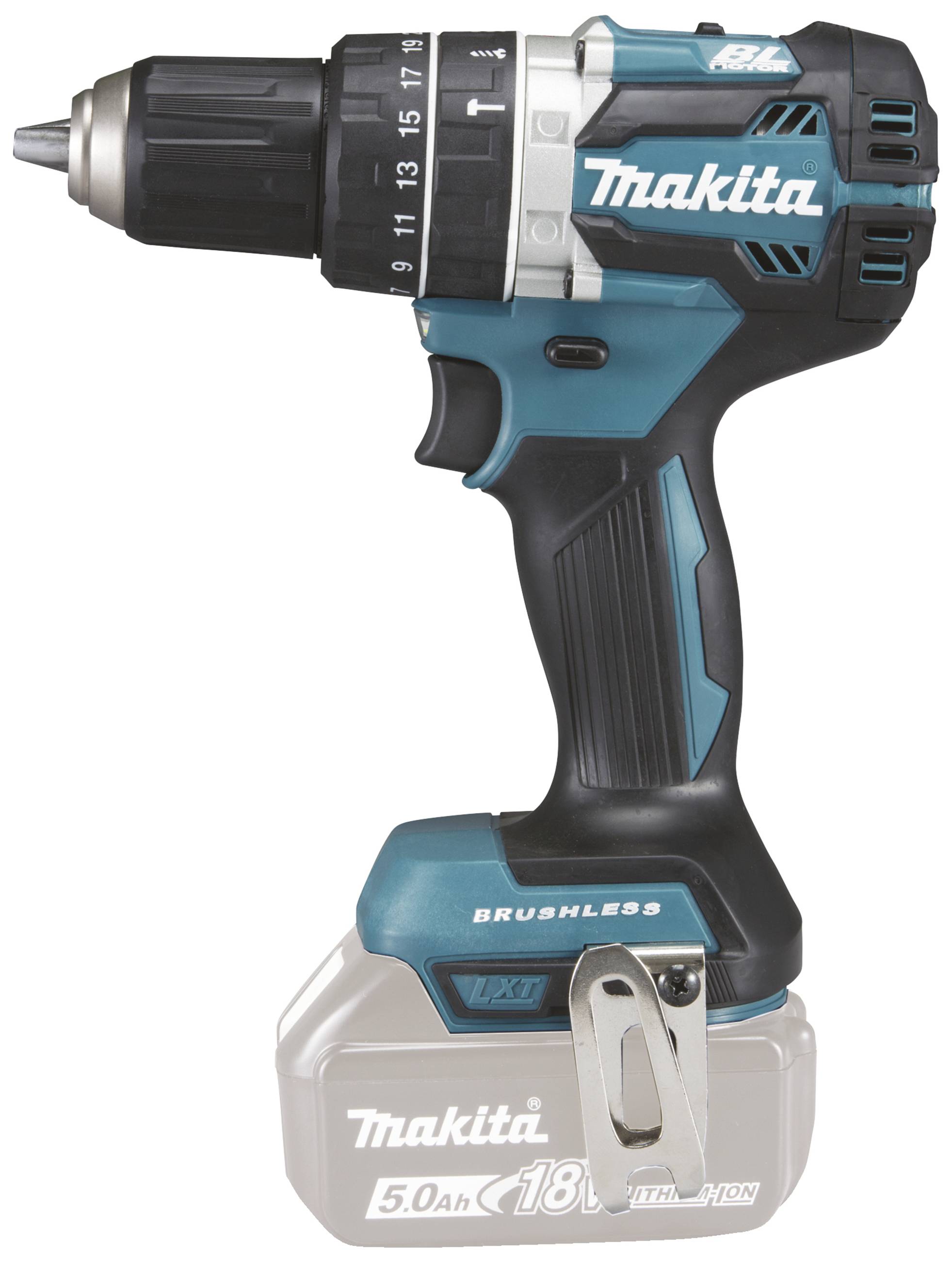 Un tournevis-perceuse à batterie bleu de la marque Makita avec une poignée noire et une batterie grise. La tête de perçage est noire avec un réglage continu du couple.