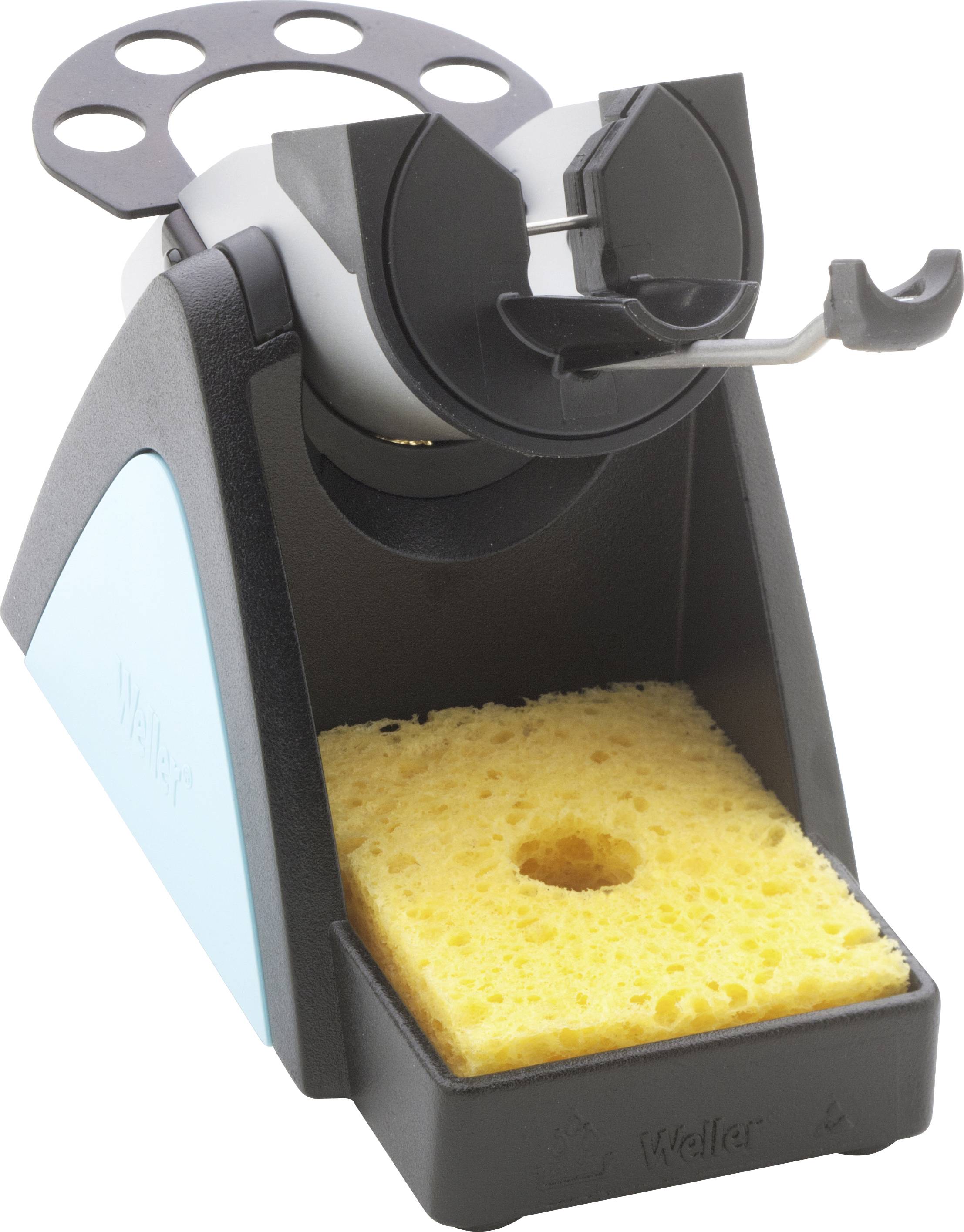 Support de fer à souder avec éponge pour nettoyer la pointe du fer, composé d'un boîtier noir, d'une partie latérale bleue et d'une base circulaire.