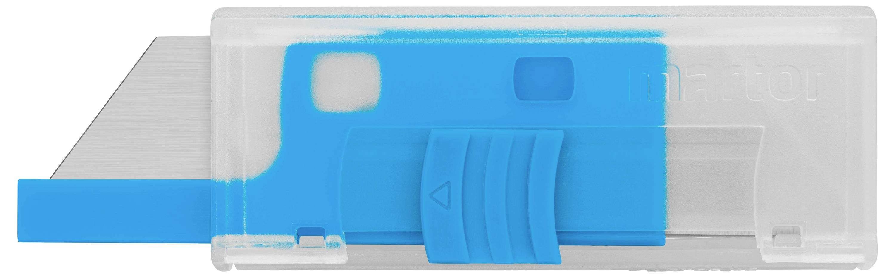 Lame de rechange dans un support en plastique bleu, partiellement transparente, montrant la lame et le curseur en plastique de libération de la lame.