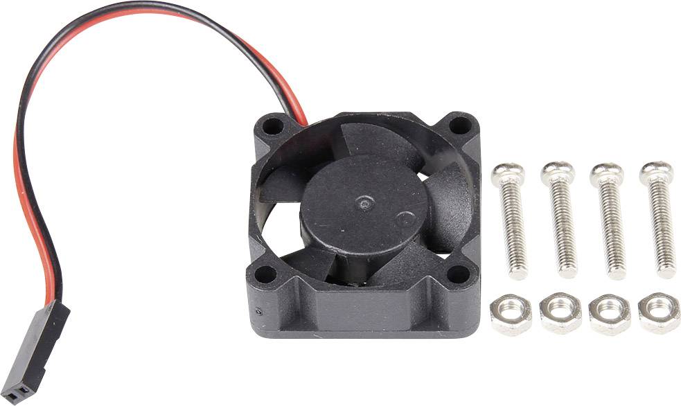 Petit ventilateur d'ordinateur noir avec câble, à côté de six vis et écrous argentés sur fond blanc.